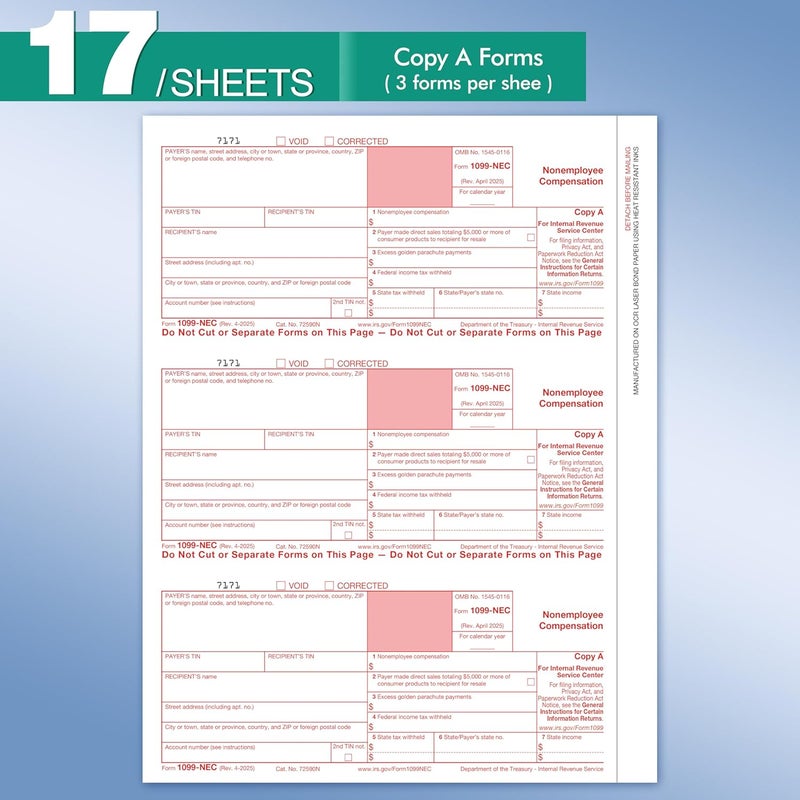 Yeplan 1099 NEC Forms 2025 with Envelopes, 50 2025 1099 NEC Tax Forms, 4 Part, with 50 Self Seal Envelopes with 3 1096 Included - Image 2
